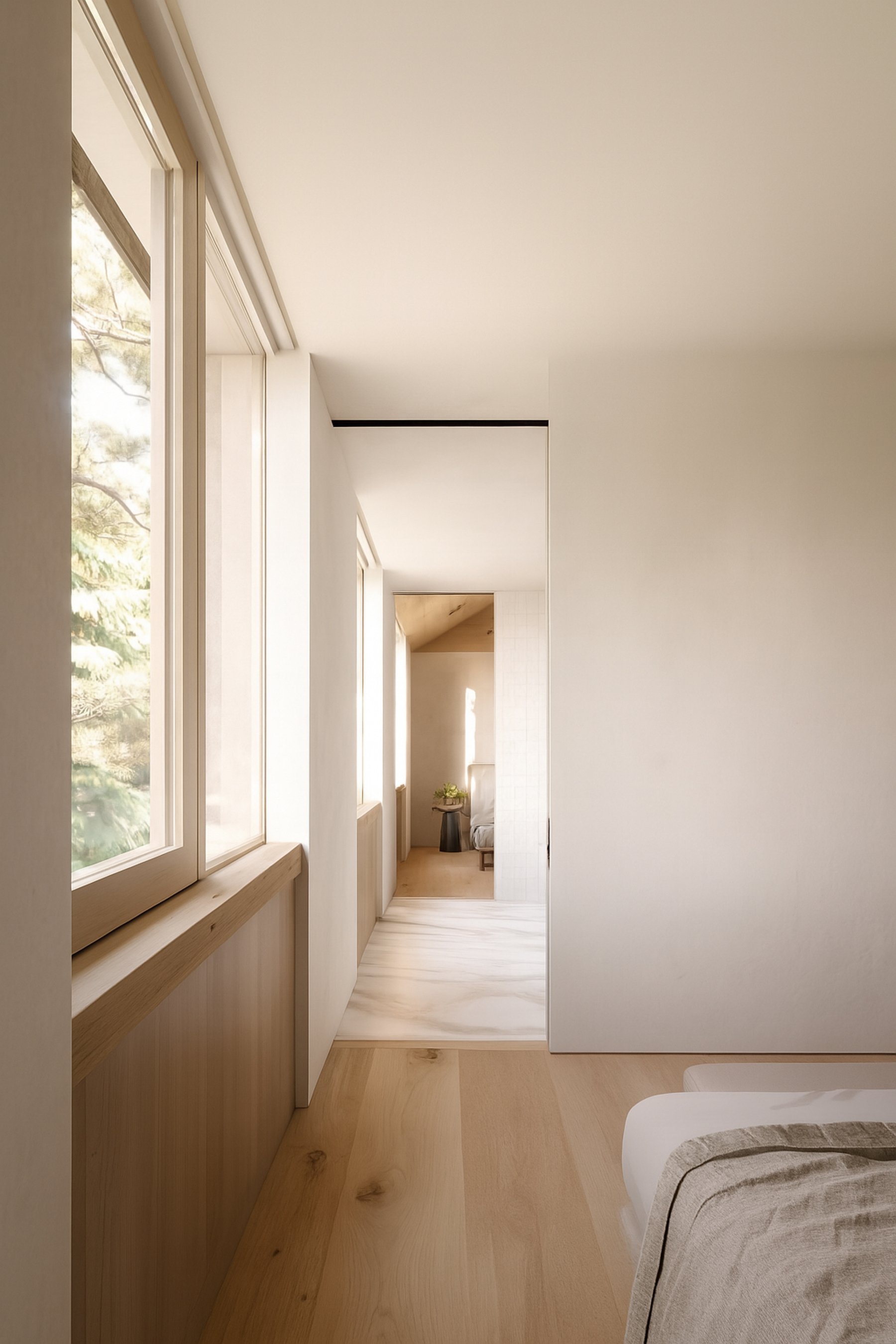 Heller Schlafbereich mit großem Fenster und Holzfußboden